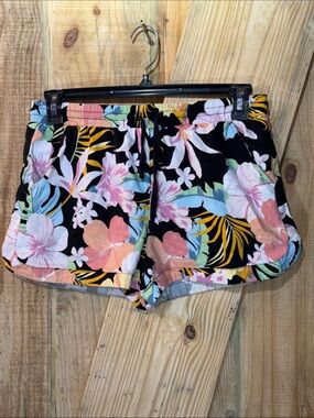 Women's Black Floral Athletic Lounge Shorts with Pastel Blooms